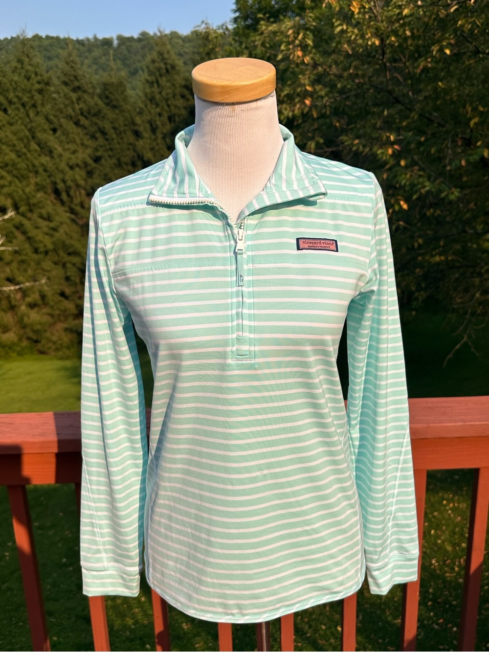 Vineyard Vines The Shep Shirt Mint and White Striped Quarter-Zip Long Sleeve Top